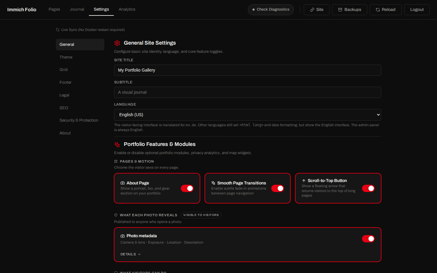 Settings editor with site identity and feature toggles