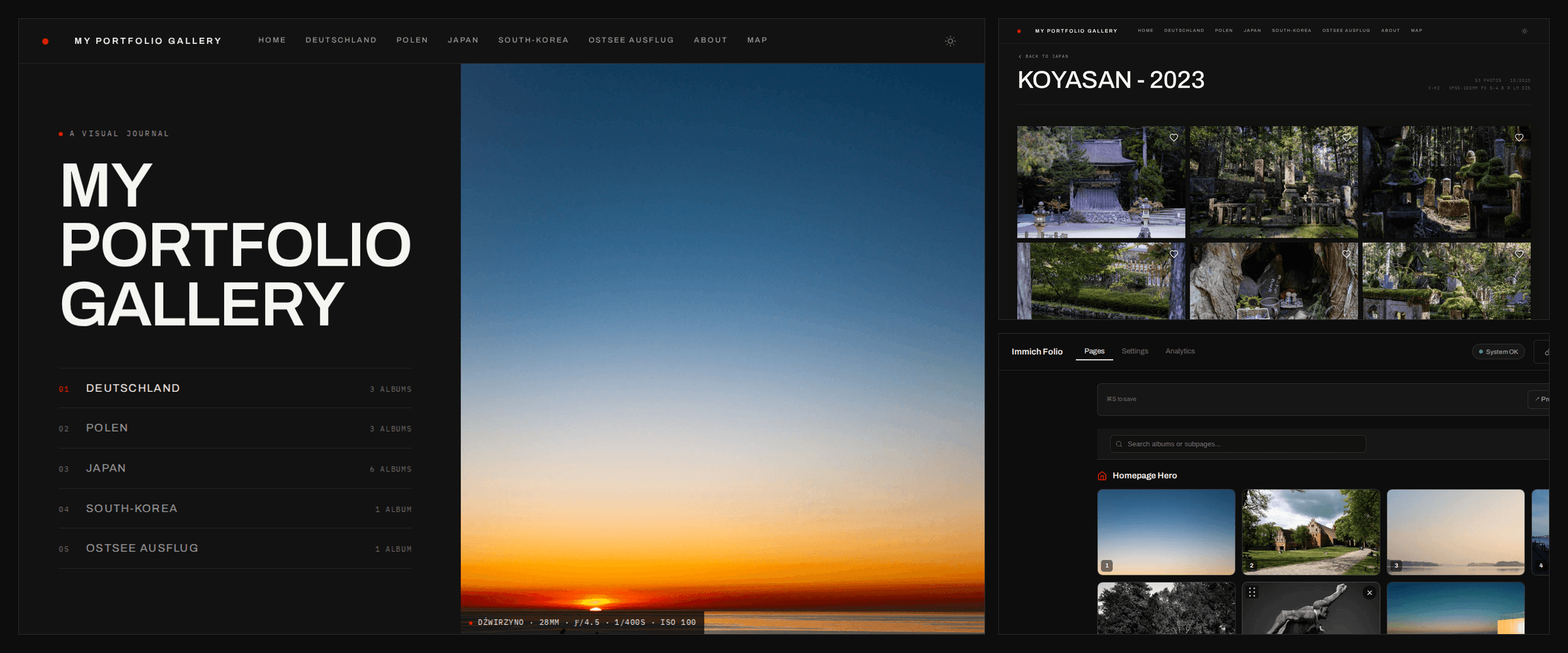 Immich Folio — the public gallery, an album grid, and the admin page builder