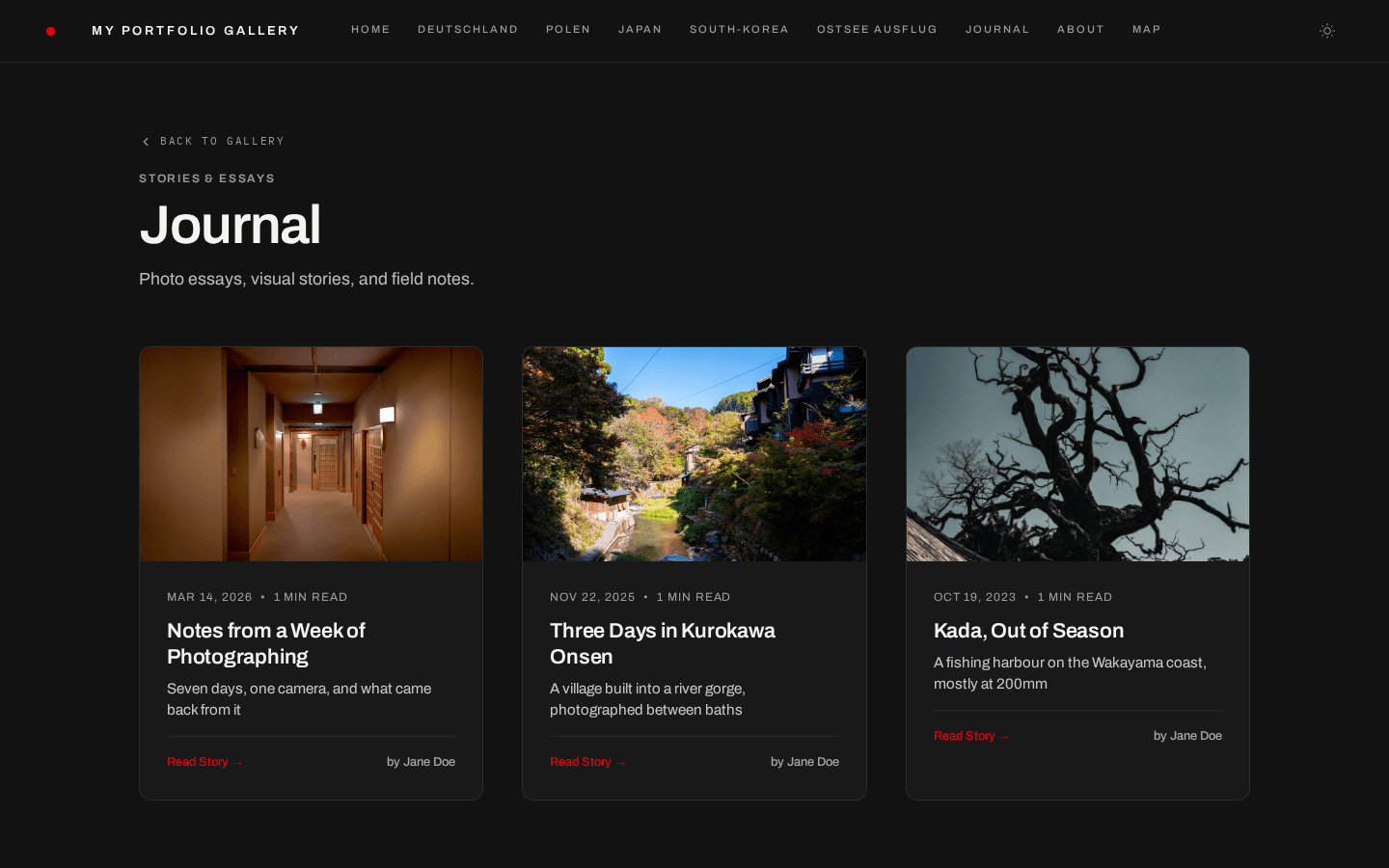 The journal index listing entries with cover images, dates and reading times