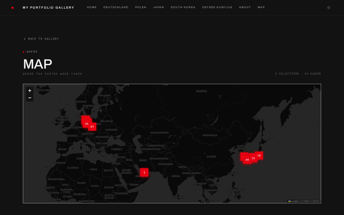 Map page clustering photo locations worldwide