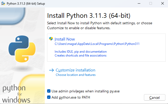 Python installation panel