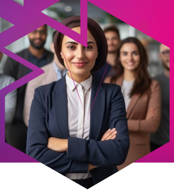 Confident professional with her team