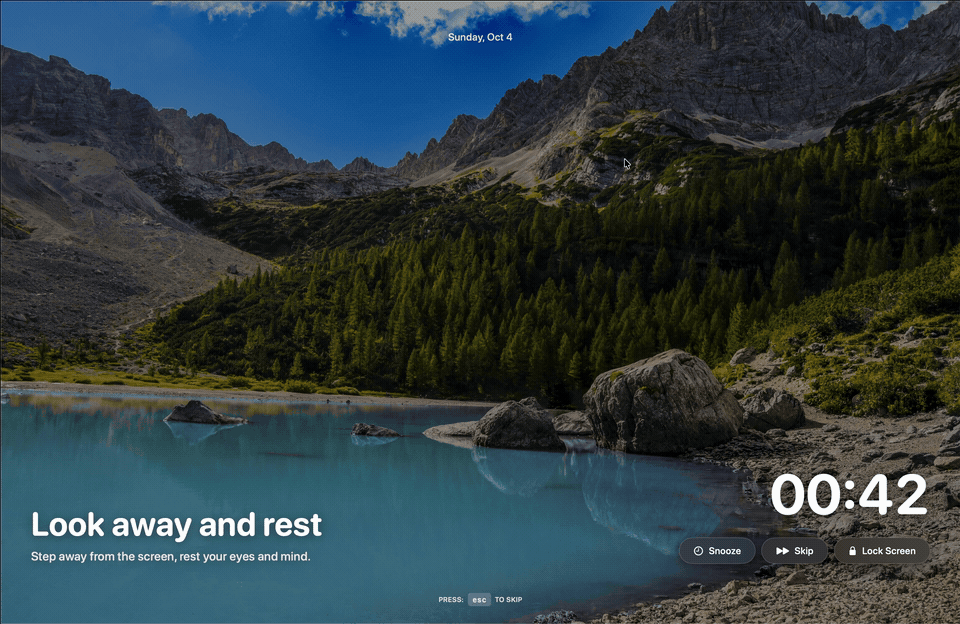 Kaskas full-screen break: look away and rest, with snooze, skip and lock screen controls