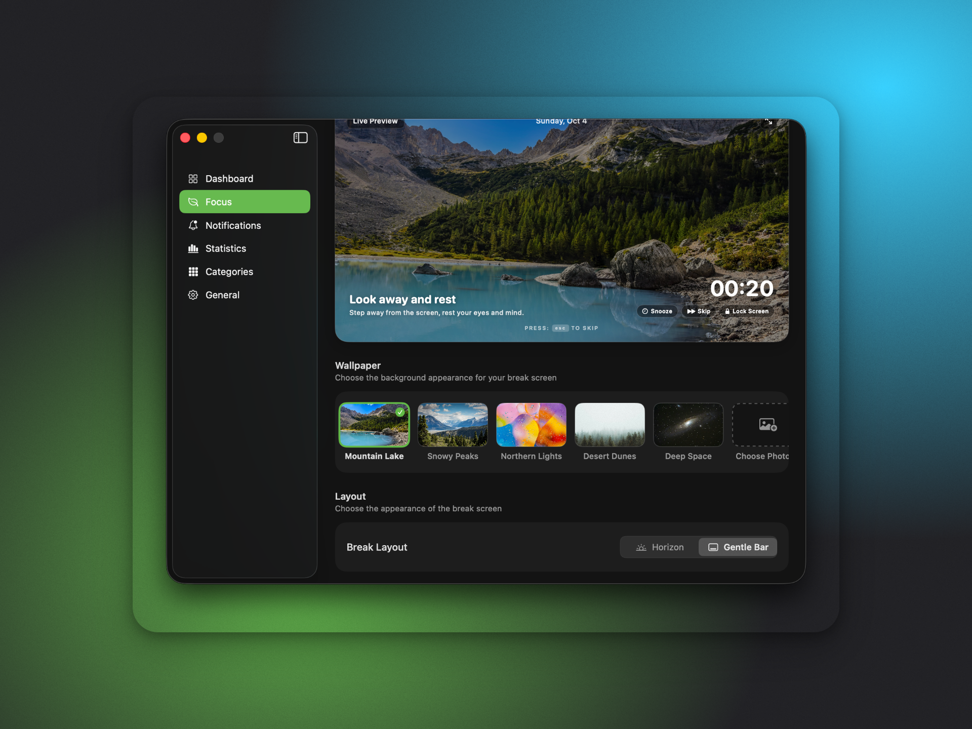 Kaskas focus settings: break wallpaper and layout