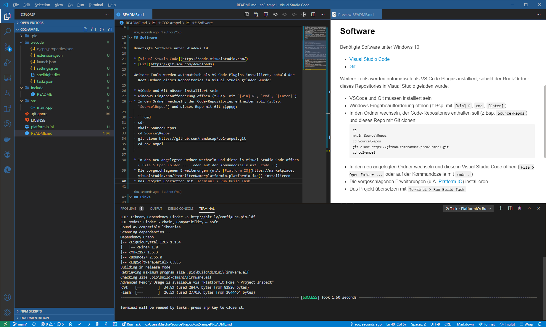 Übersetzen der Software mit VSCode Platform IO