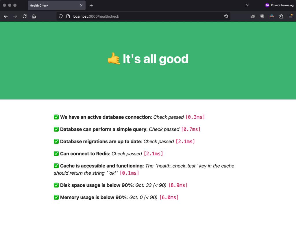 Example dashboard of the Allgood health check page