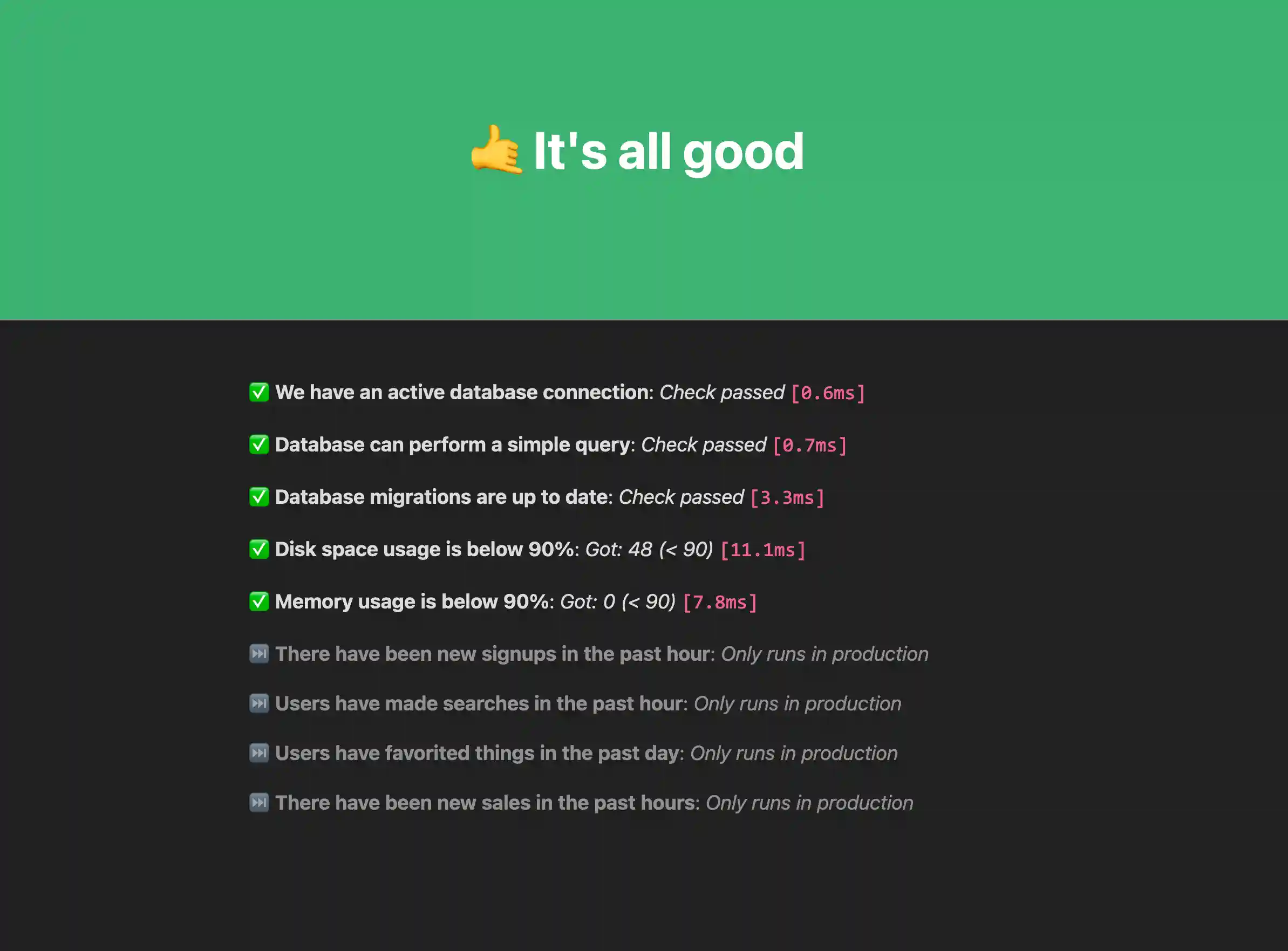 Example dashboard of the Allgood health check page with skipped checks