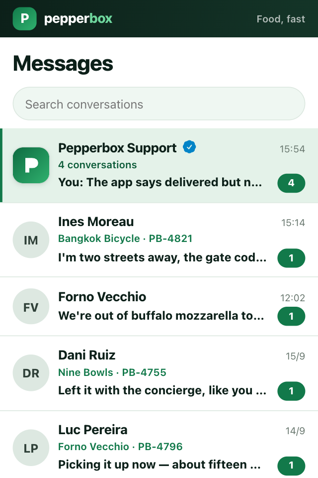 The chats inbox: every support conversation folded into one official, verified row