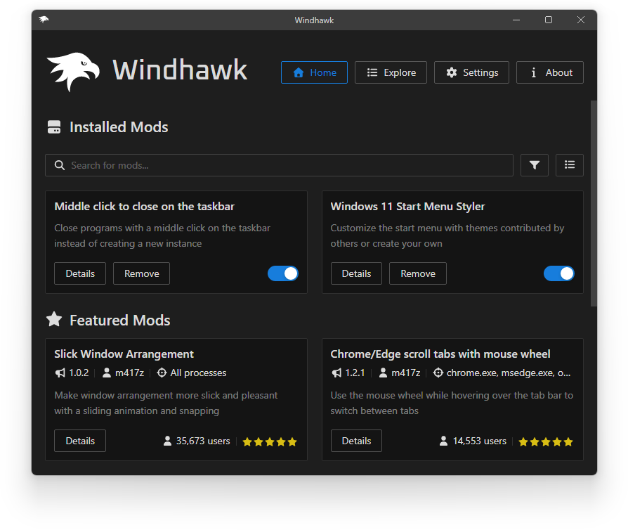 The real Windhawk application interface showing installed and featured mods