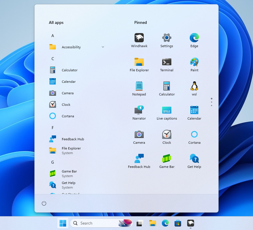 Windows 11 Start menu customized with the real SideBySideMinimal Windhawk theme
