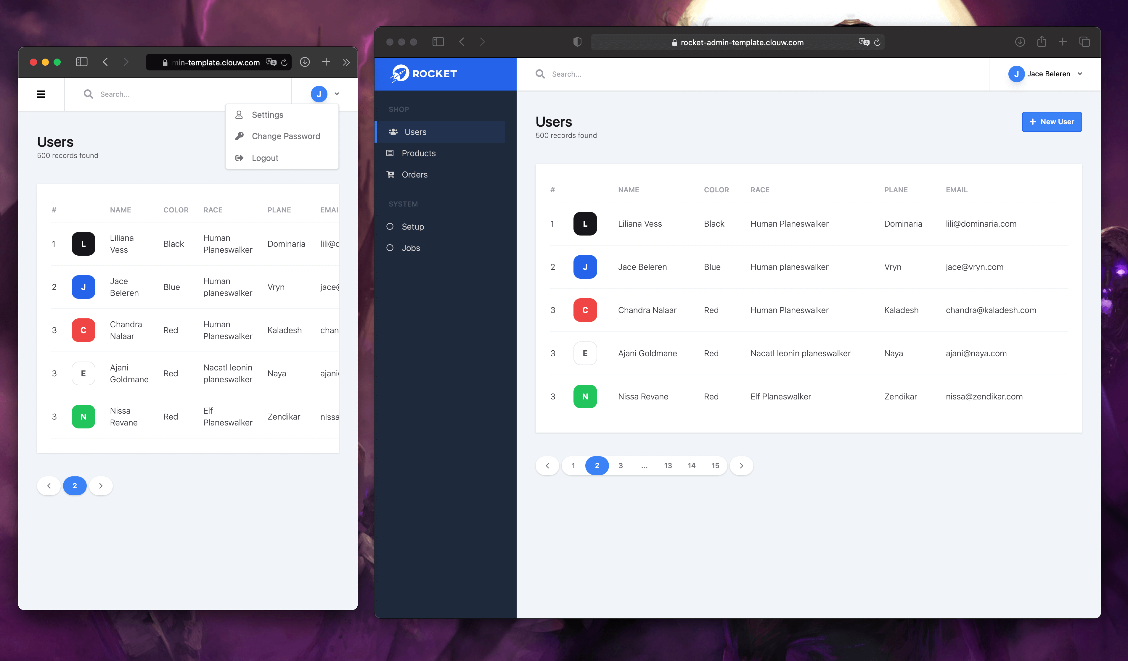 Rocket admin template preview