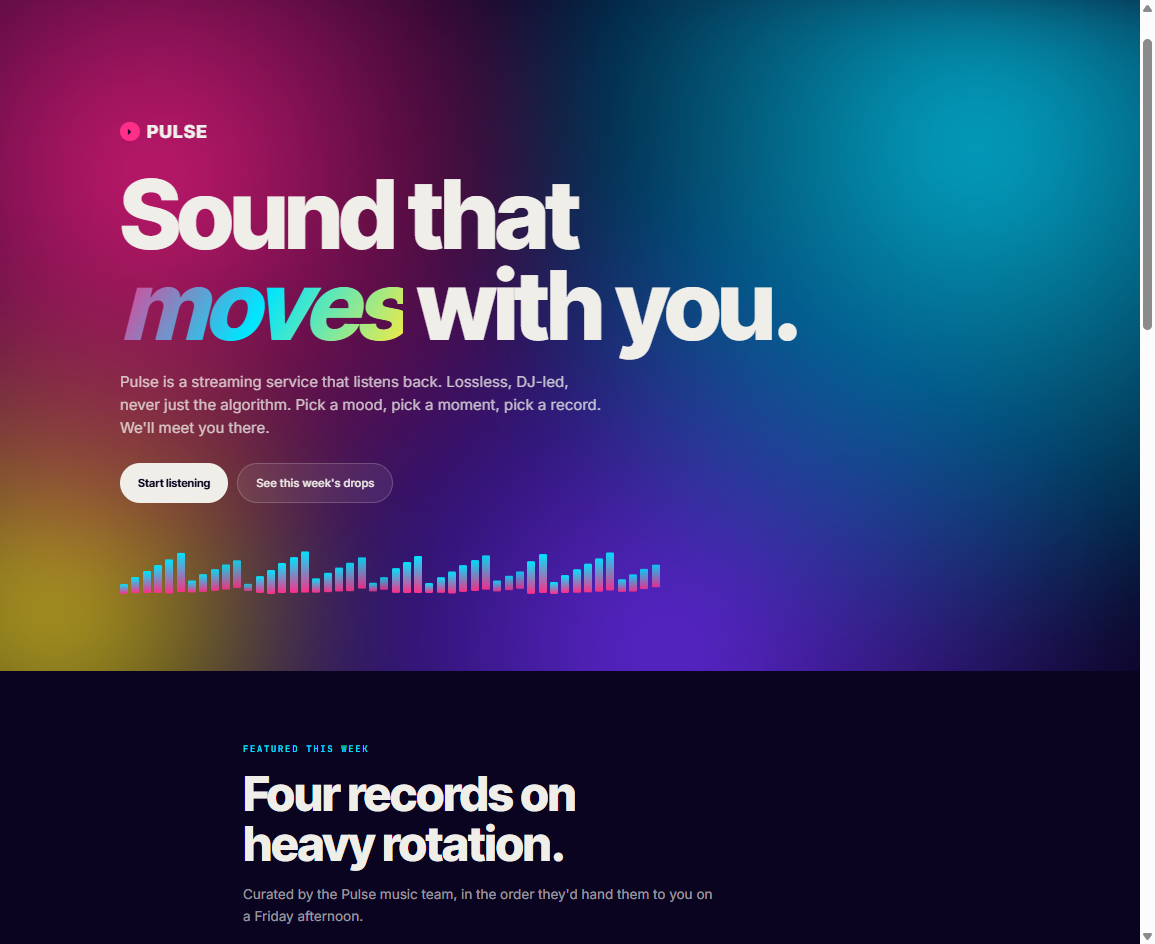 Pulse music streaming brand. Saturated gradient hero with the headline 'Sound that moves with you' and pink-to-cyan equalizer bars below.