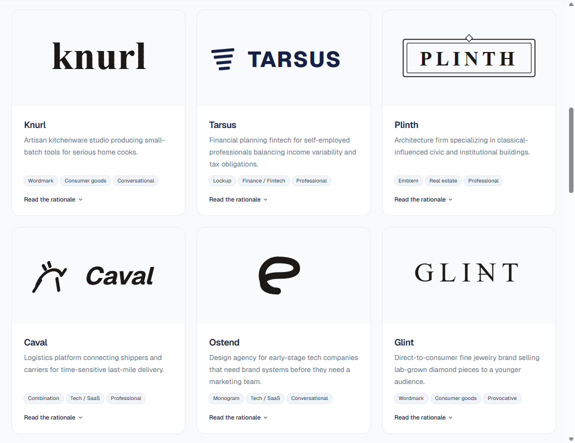 Marks gallery showing six fictional brand cards in a three-by-two grid: knurl (lowercase serif wordmark with knurled texture), TARSUS (uppercase sans lockup with stacked-bar mark), PLINTH (classical serif inside a double-lined emblem frame), Caval (italic horse silhouette plus italic wordmark combination), Ostend (flowing OS monogram resolving to a single connected glyph), and GLINT (high-contrast Didone wordmark with hairline I crossbar). Each card carries the brand name, descriptor, and three classification chips for mark architecture, vertical, and brand voice.