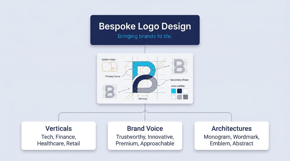 Logo Design skill highlight diagram. Navy header card reads 'Bespoke Logo Design' with the subtitle 'Bringing brands to life.' Below the header, a simulated construction guide shows a stylised letterform B rendered against gridlines, with a Golden Ratio overlay, Primary Curve and Secondary Shape callouts, a Kerning marker, and a six-swatch color palette. Three columns at the bottom show: Verticals (Tech, Finance, Healthcare, Retail), Brand Voice (Trustworthy, Innovative, Premium, Approachable), and Architectures (Monogram, Wordmark, Emblem, Abstract).