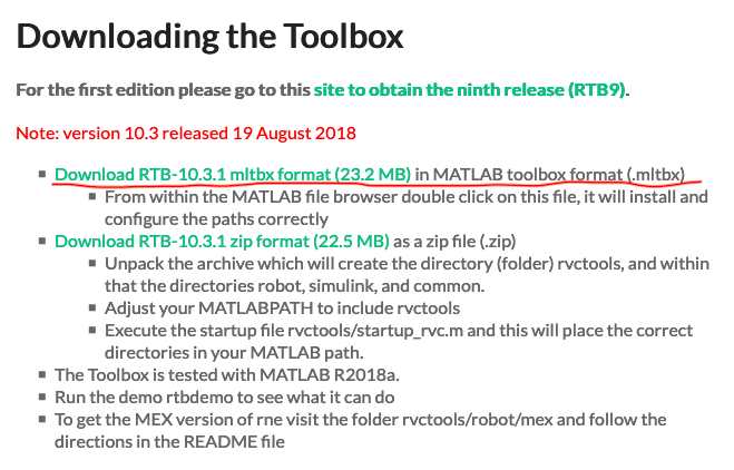 Robotics Toolbox installation