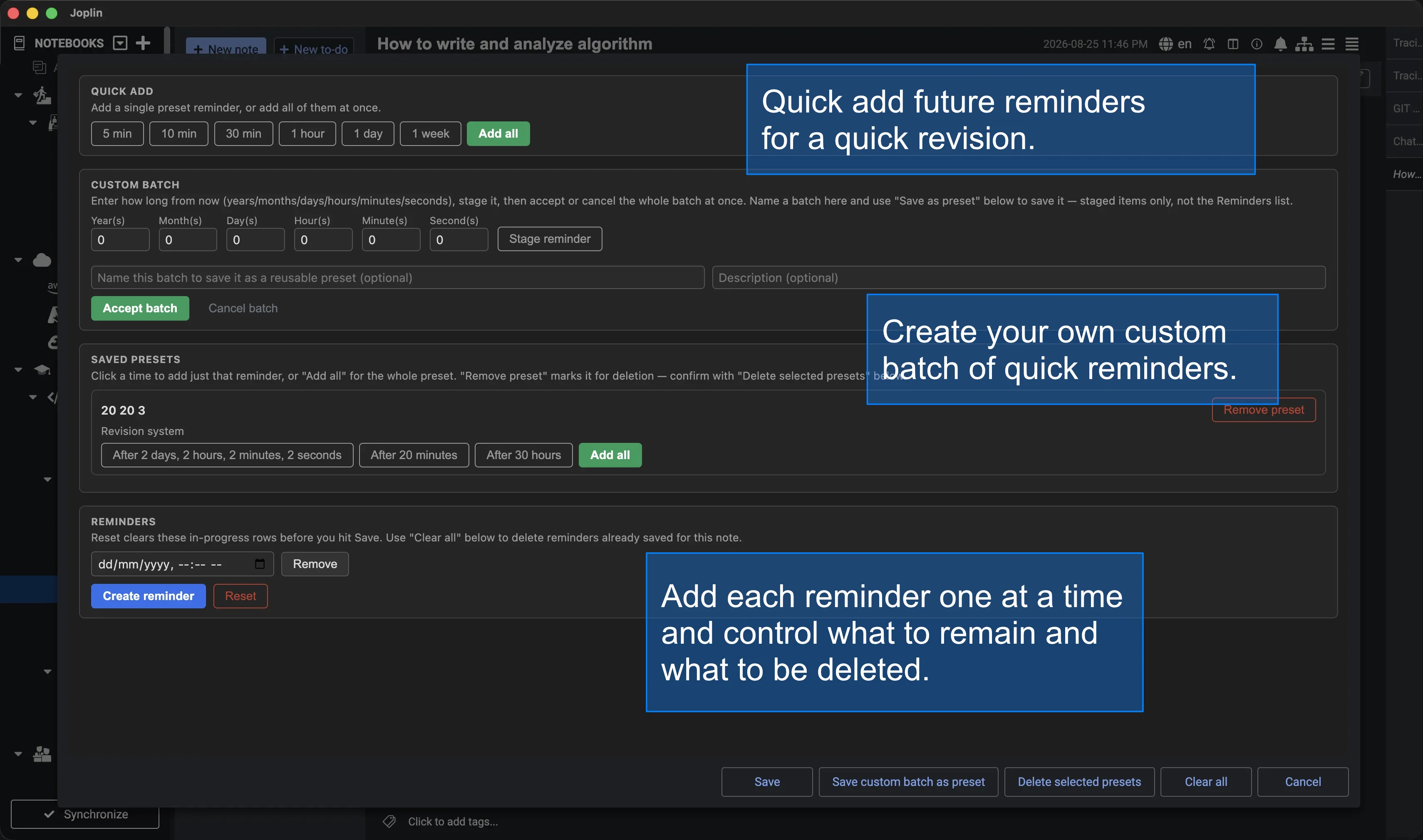 The Manage reminders dialog, showing Quick add presets, a Custom batch builder, Saved presets, and the note's Reminders list