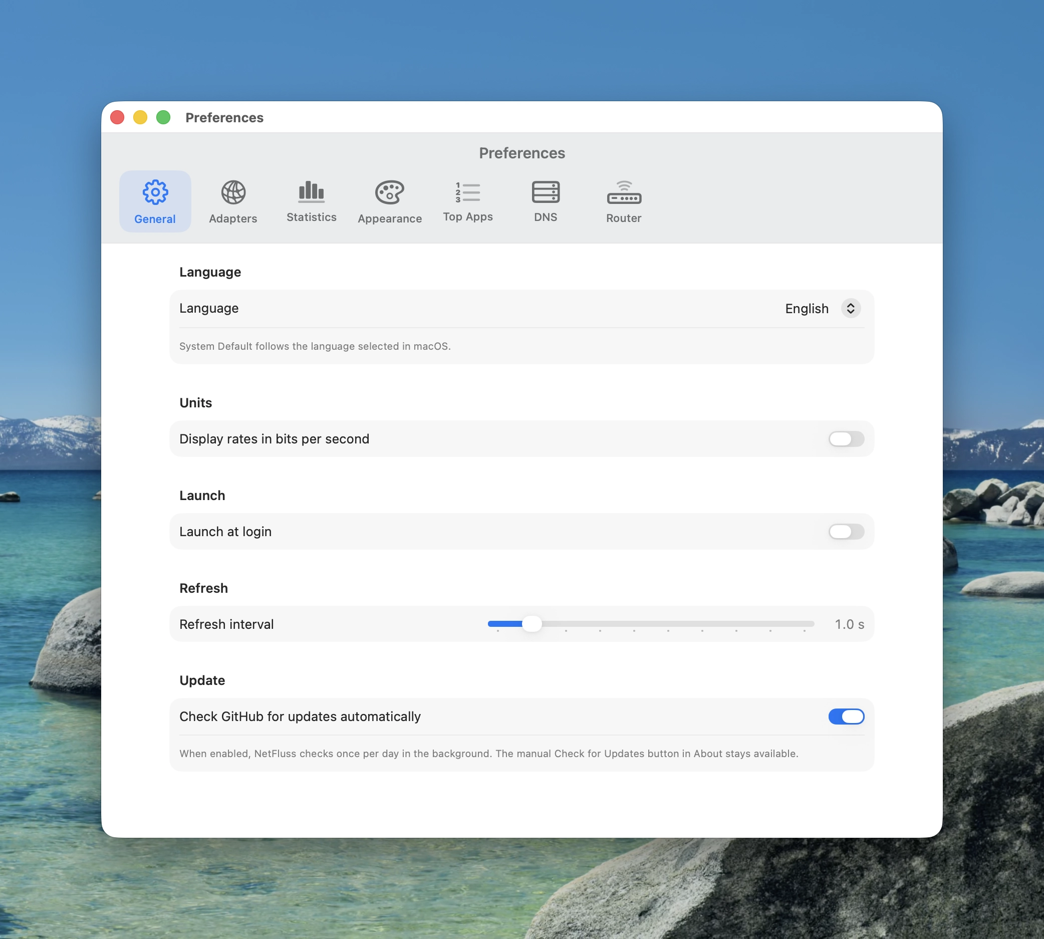 NetFluss preferences window