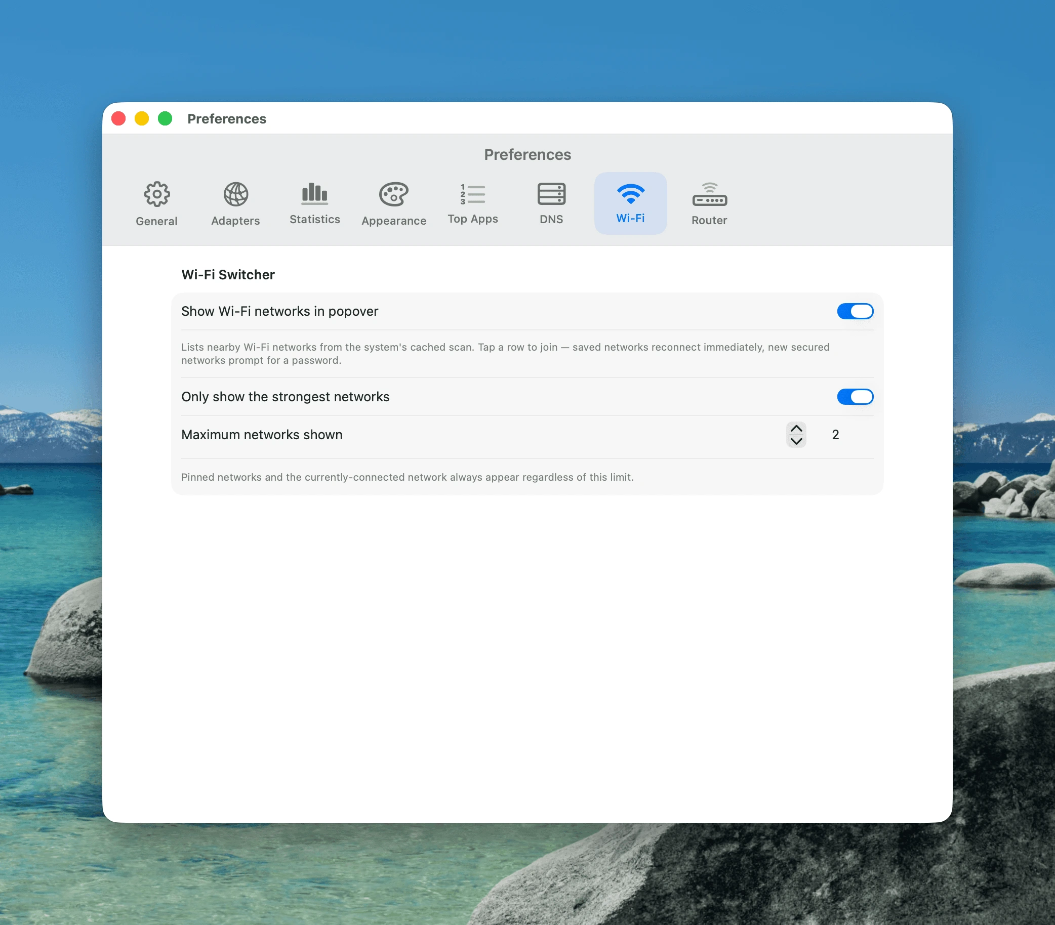 NetFluss Wi-Fi settings pane