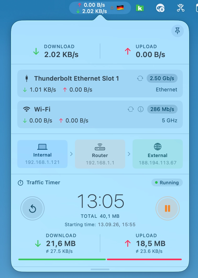 NetFluss Traffic Timer in the popover