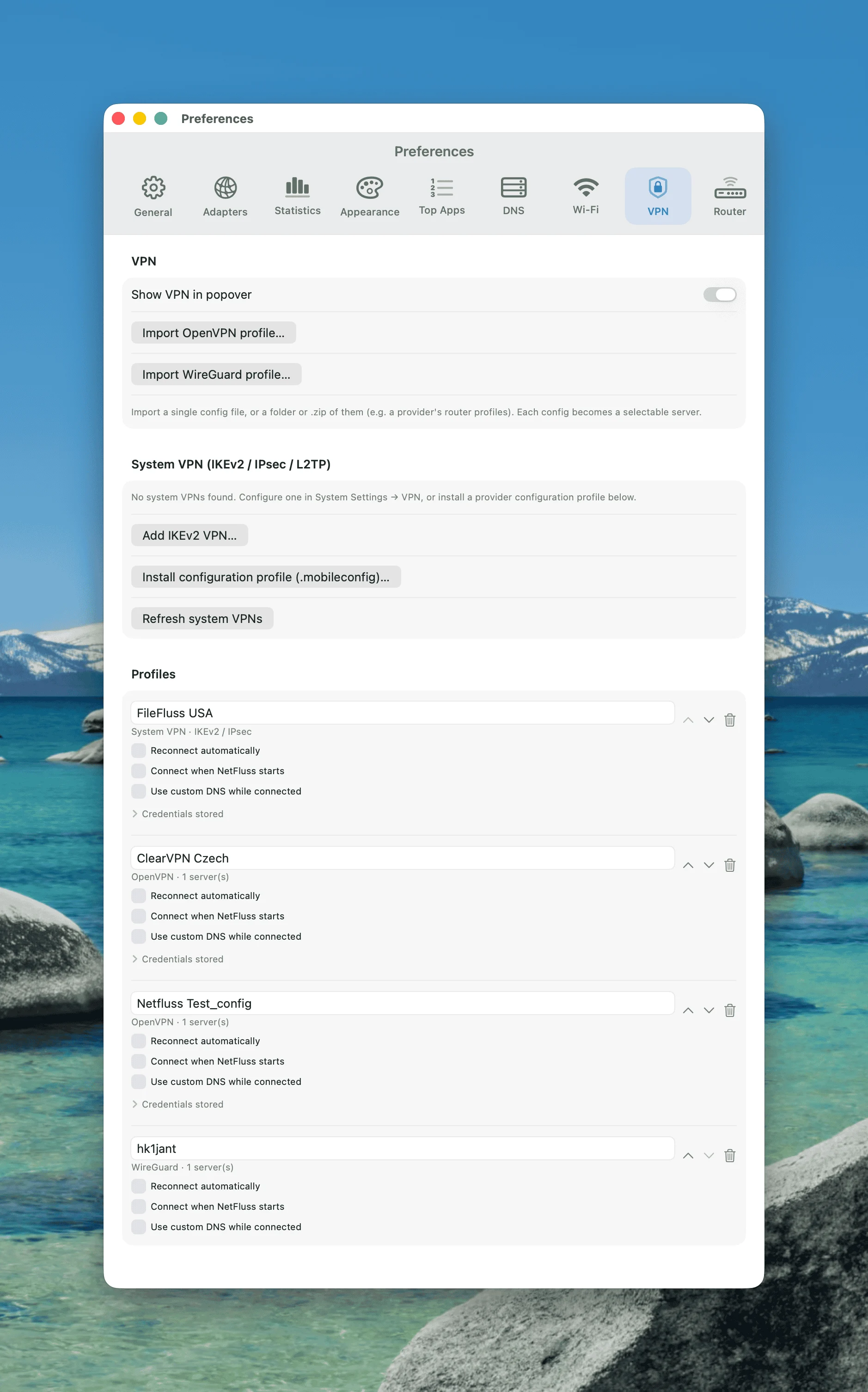 NetFluss VPN settings