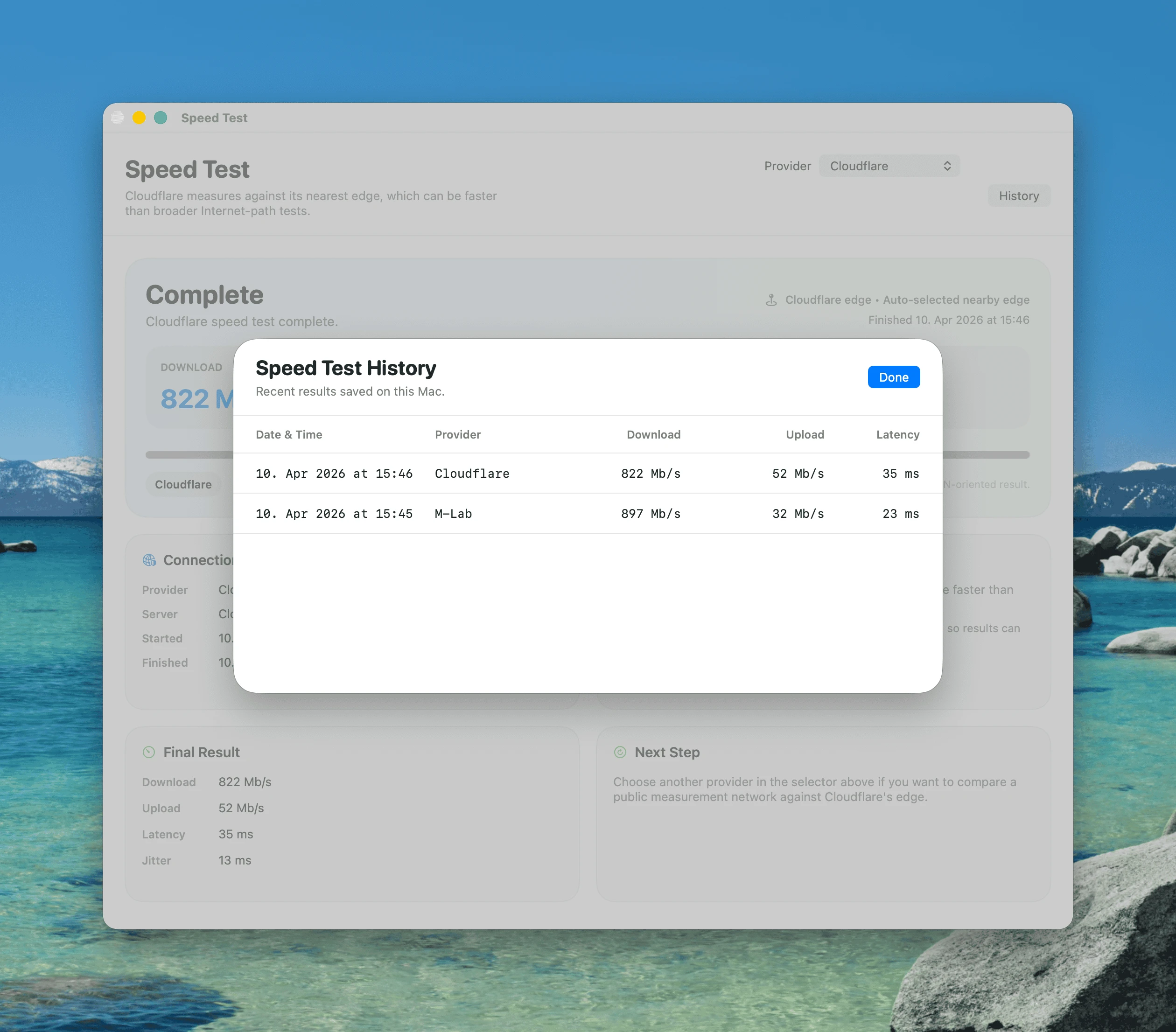 NetFluss speed test history