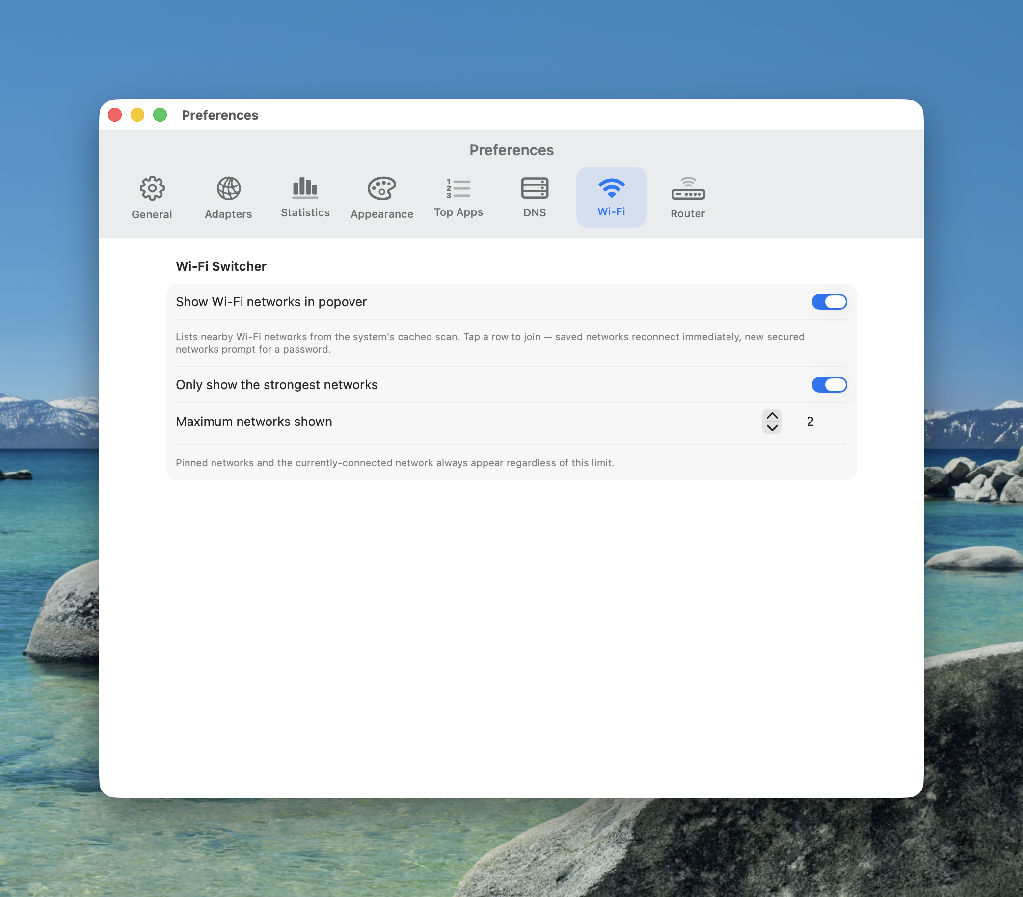 Wi-Fi settings pane in NetFluss