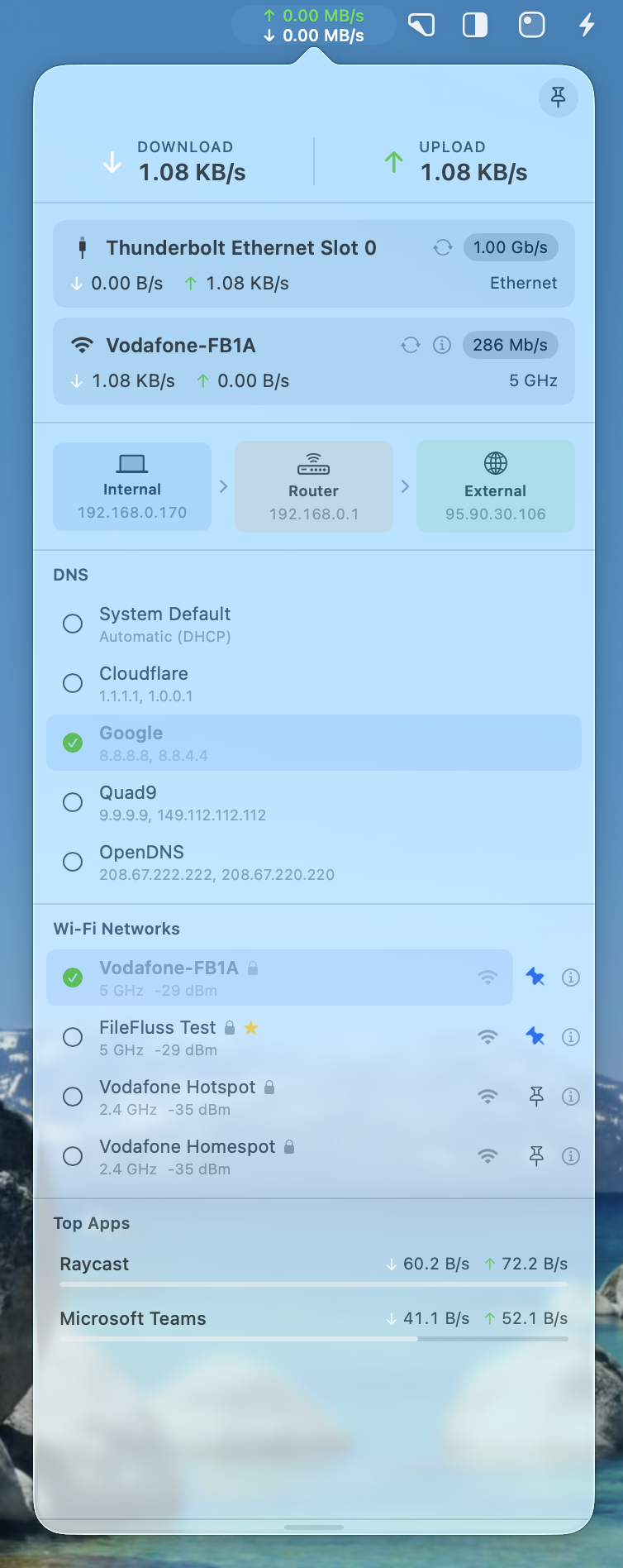 NetFluss menu bar popover showing Wi-Fi Manager, live network rates, and top apps using bandwidth