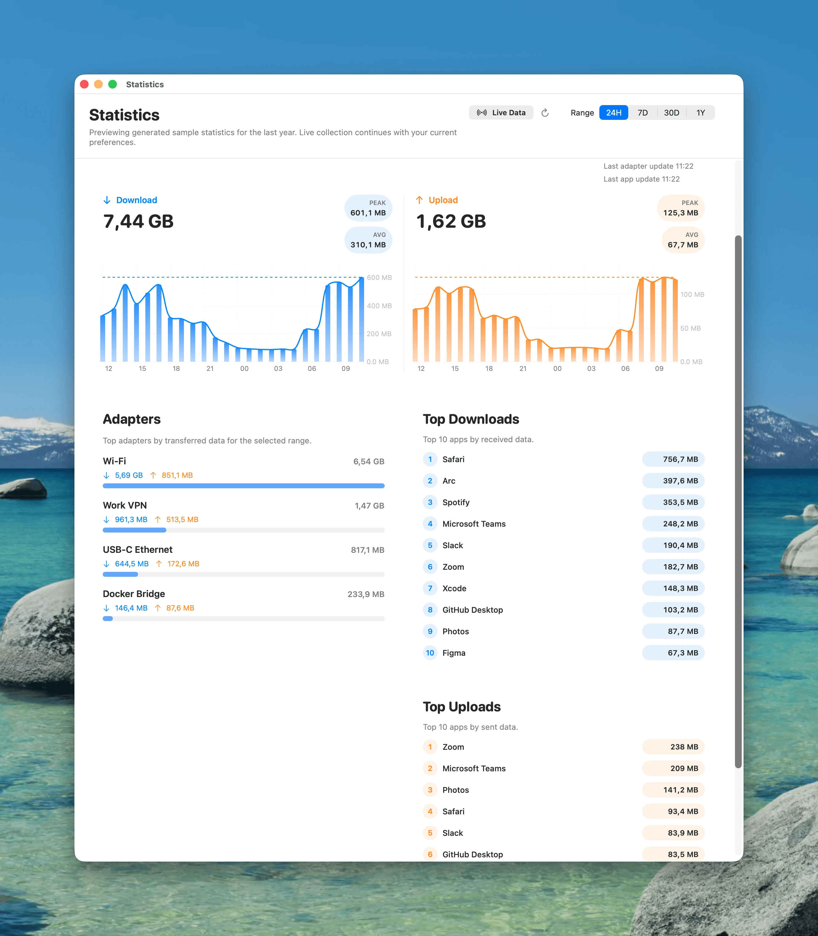 NetFluss Bandwidth Statistics window with upload and download history and top adapters and apps over time