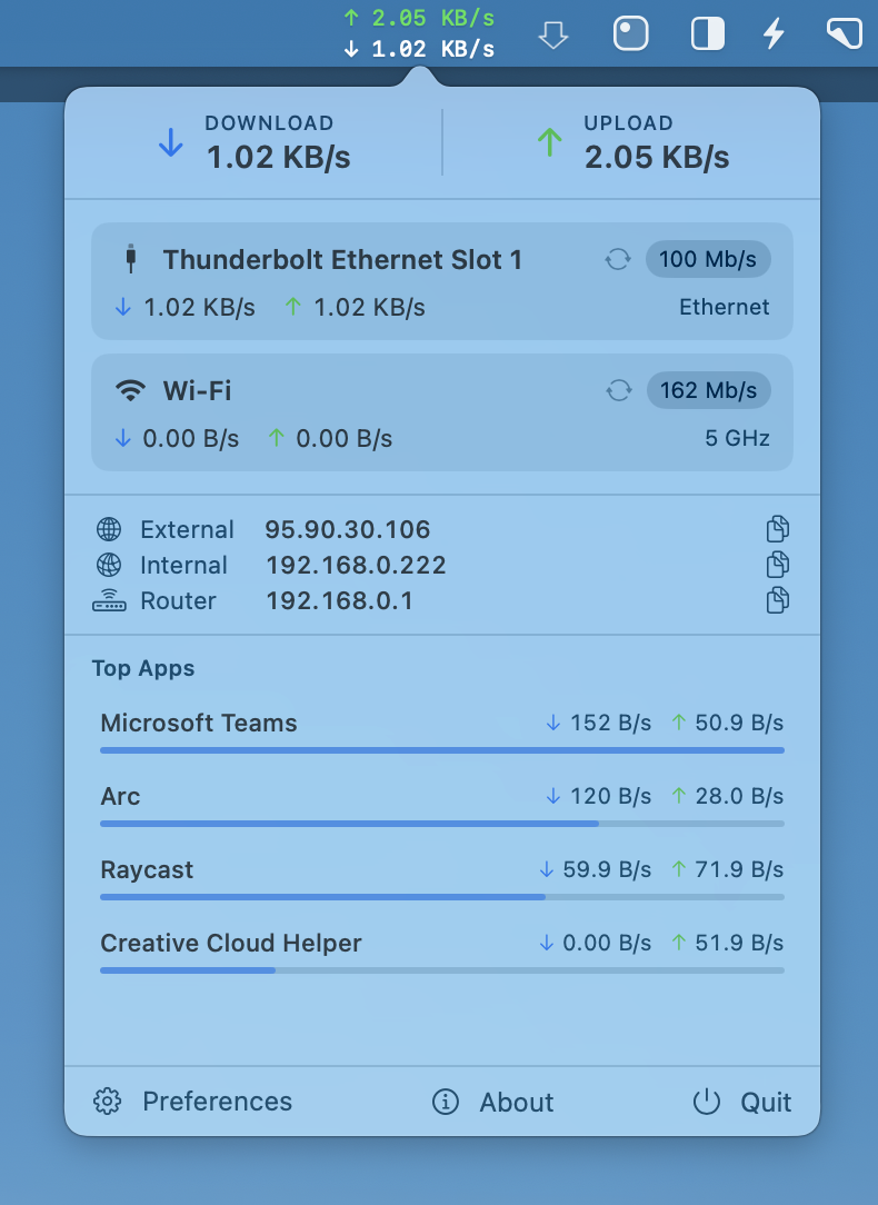 Netfluss screenshot showing live upload and download rates and top apps using bandwidth in the macOS menu bar