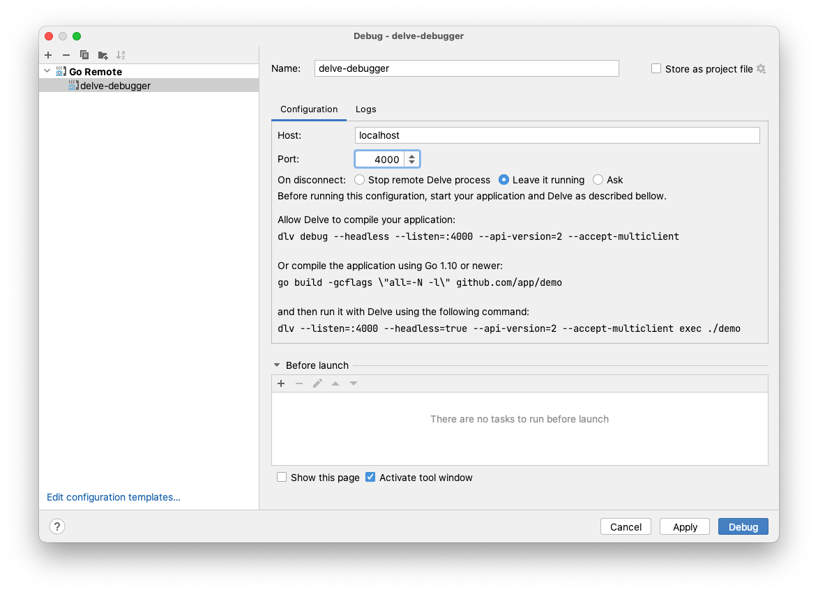 GoLand configuration screen