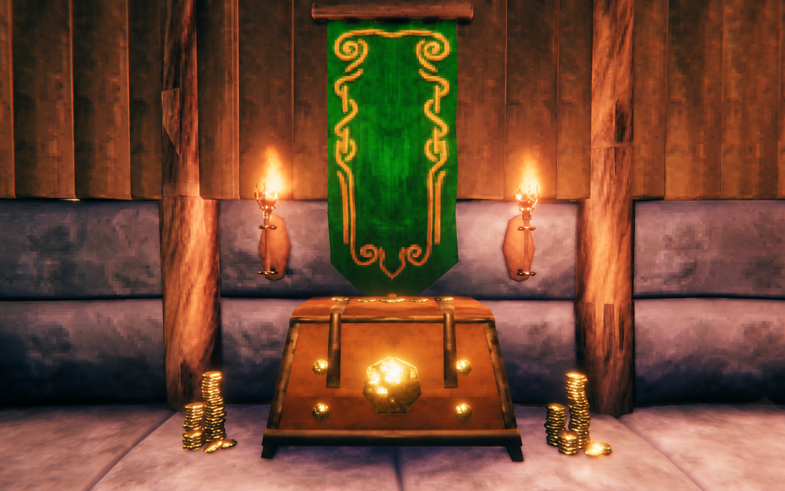 Gold Guild Chest beneath a green banner, flanked by torches and coin piles