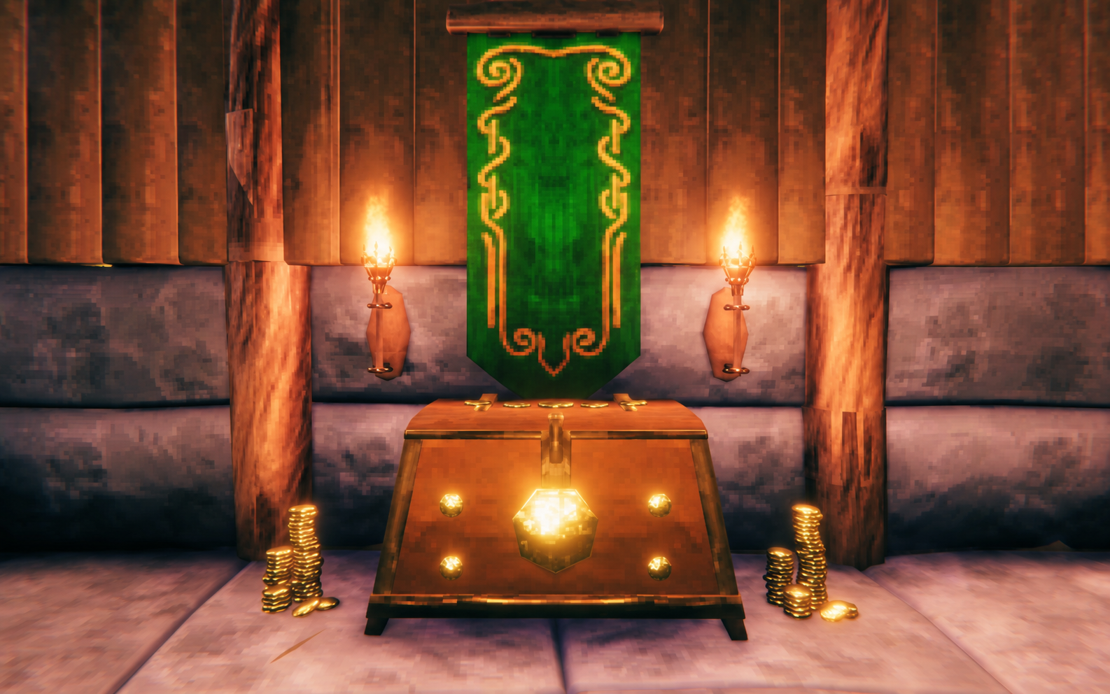 Gold Guild Chest beneath a green banner, flanked by torches and coin piles
