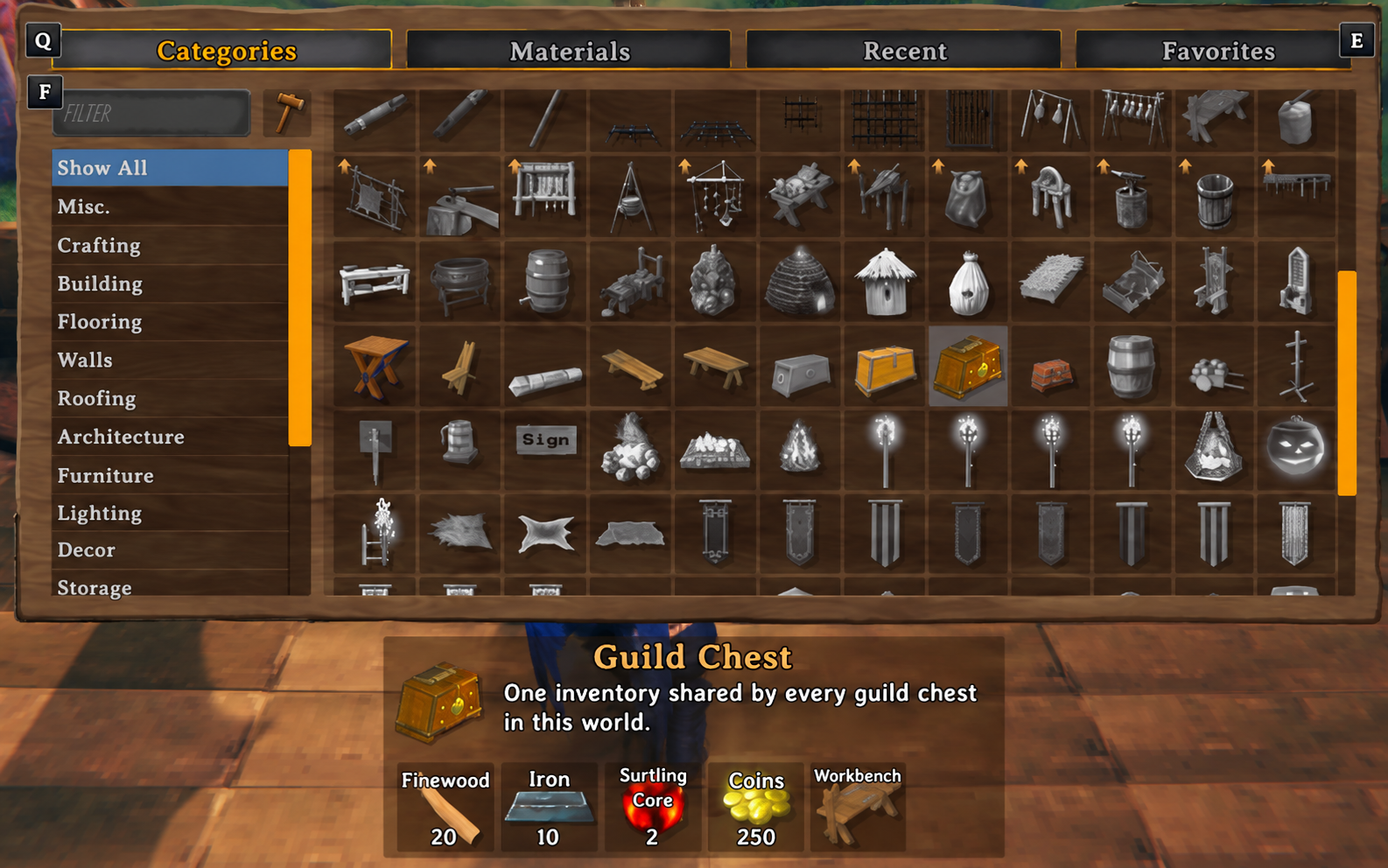 Guild Chest selected in the hammer menu, with recipe and workbench requirement visible