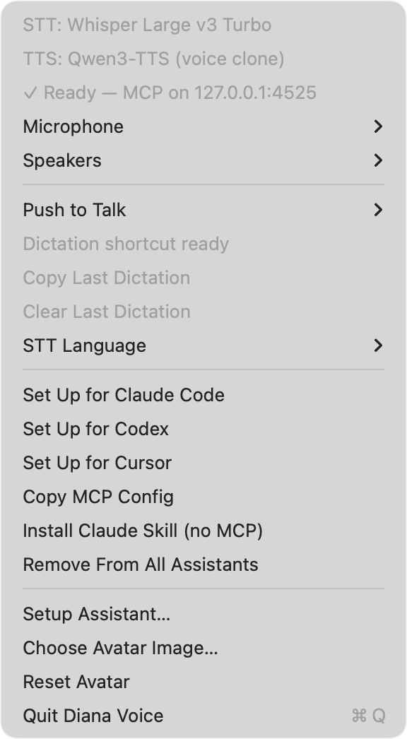 Diana Voice menu bar menu
