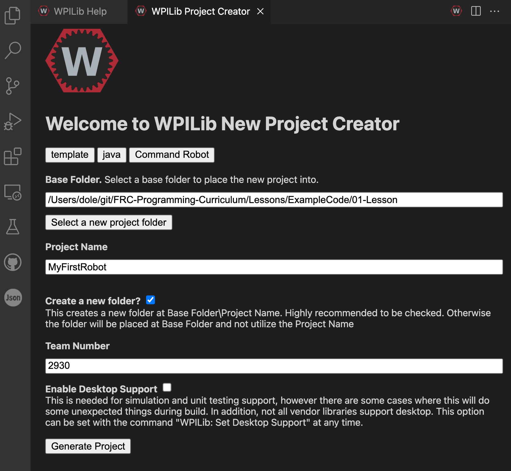 WPILib New Project