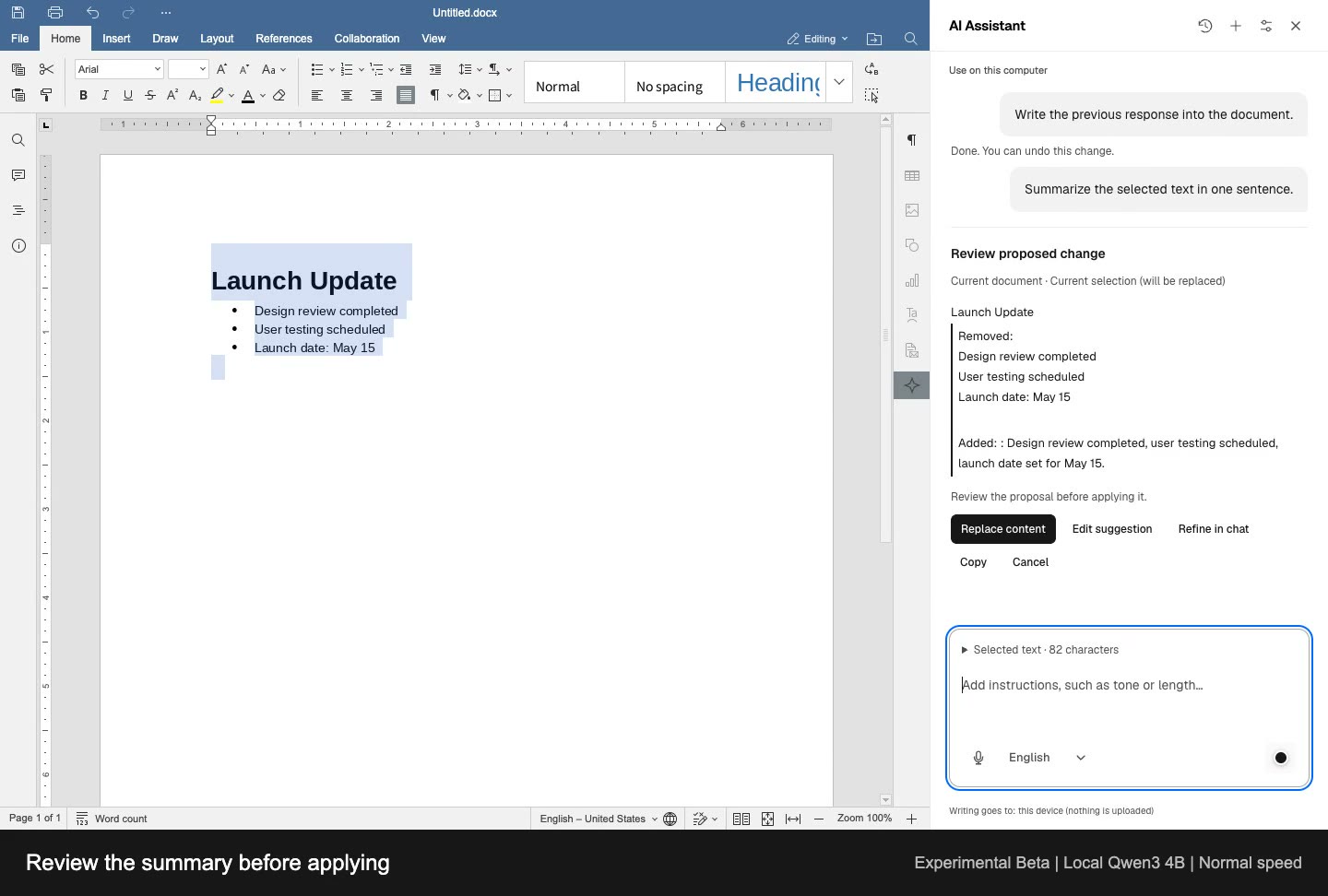 Draft, write, summarize and undo