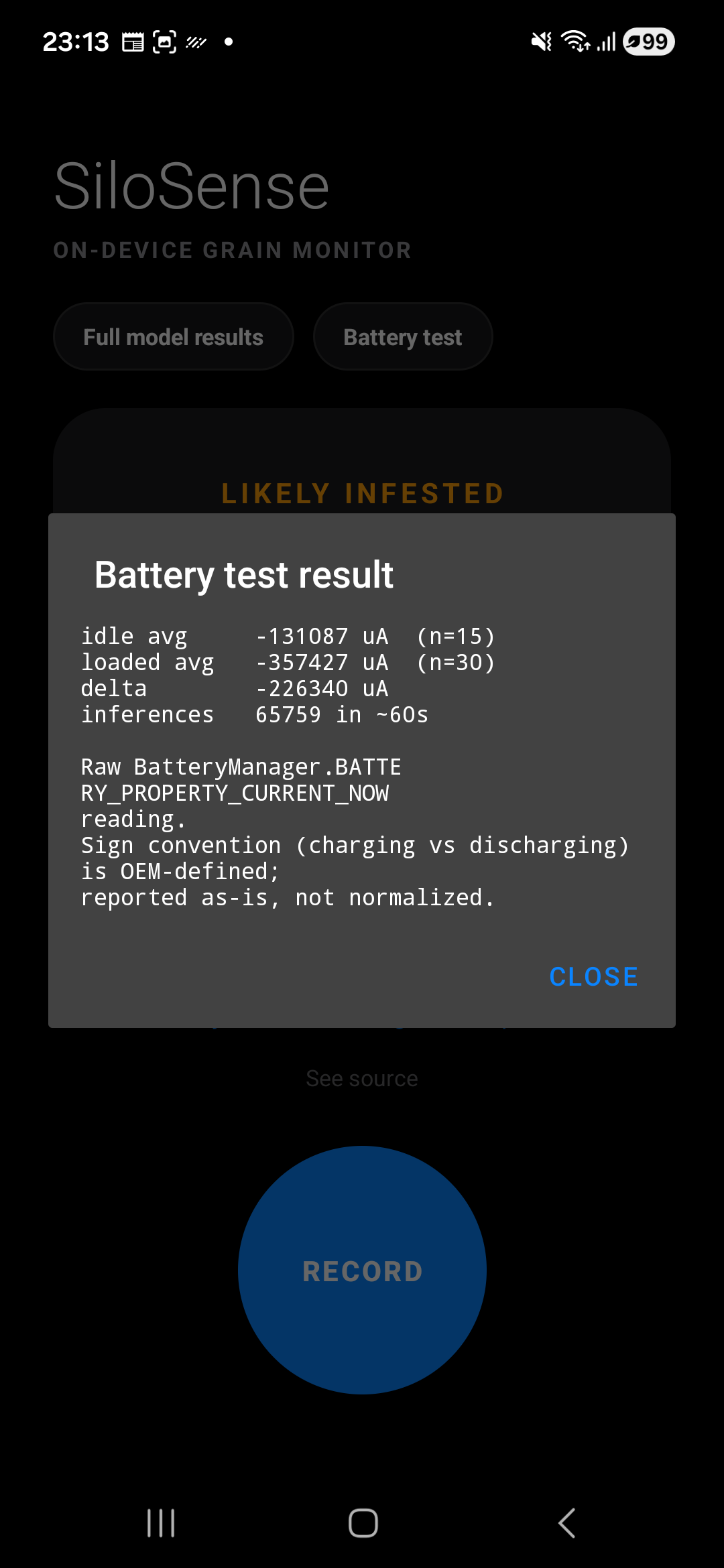 Battery test result dialog