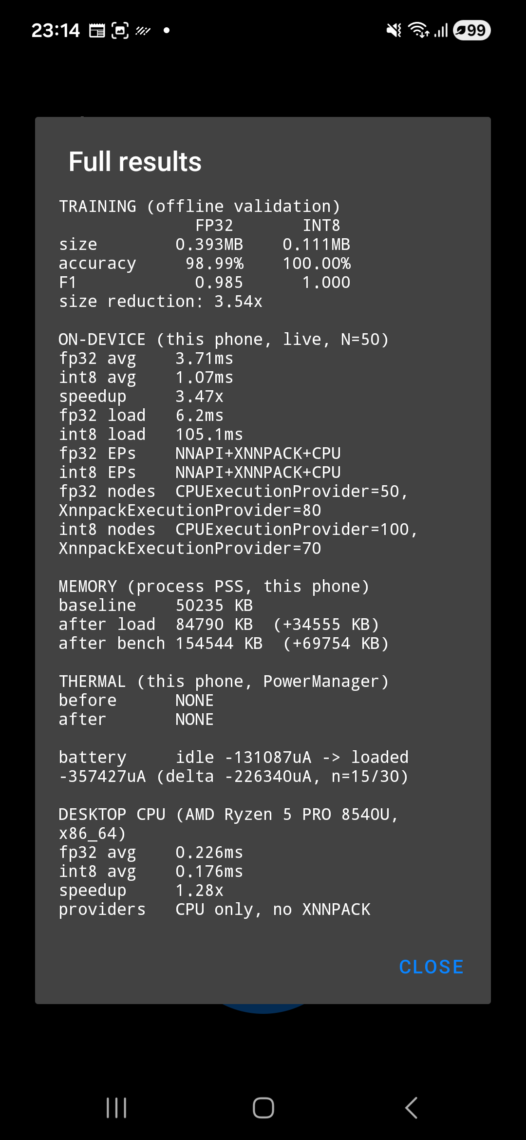 Full model results dialog