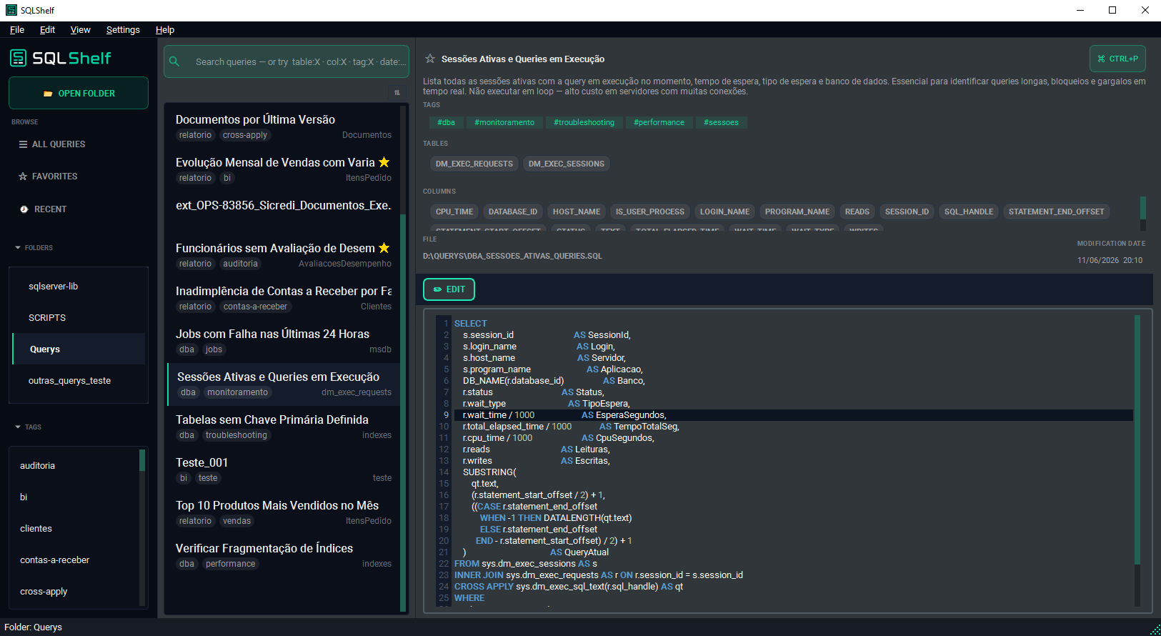 SQLShelf — tema dark