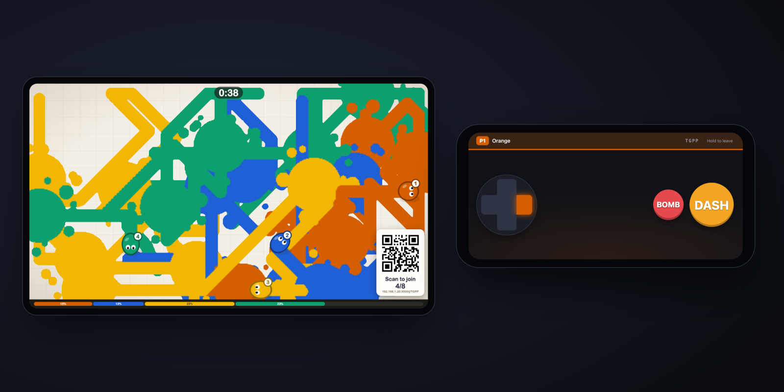 Left: Paint Party on a TV mid-round, four paint blobs covering the floor and one QR code in the corner that every player scans. Right: a phone held sideways showing player 1's orange pad with a d-pad and BOMB and DASH buttons.