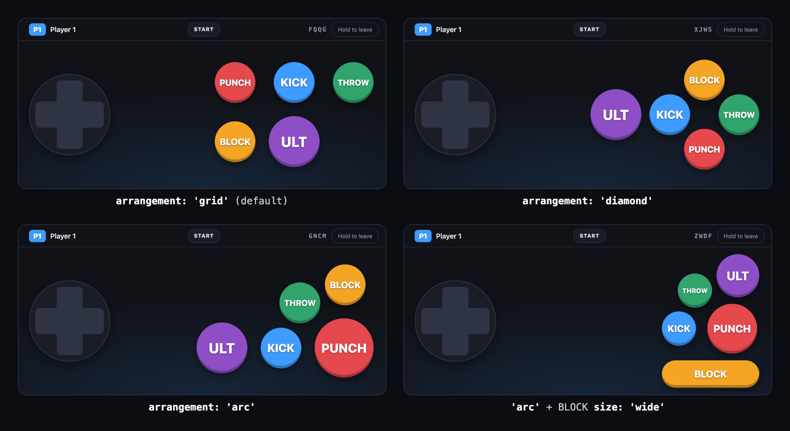 Four pad screenshots: grid, diamond, arc, and arc with a wide BLOCK bar. Each has a d-pad on the left and a START pill in the top bar.