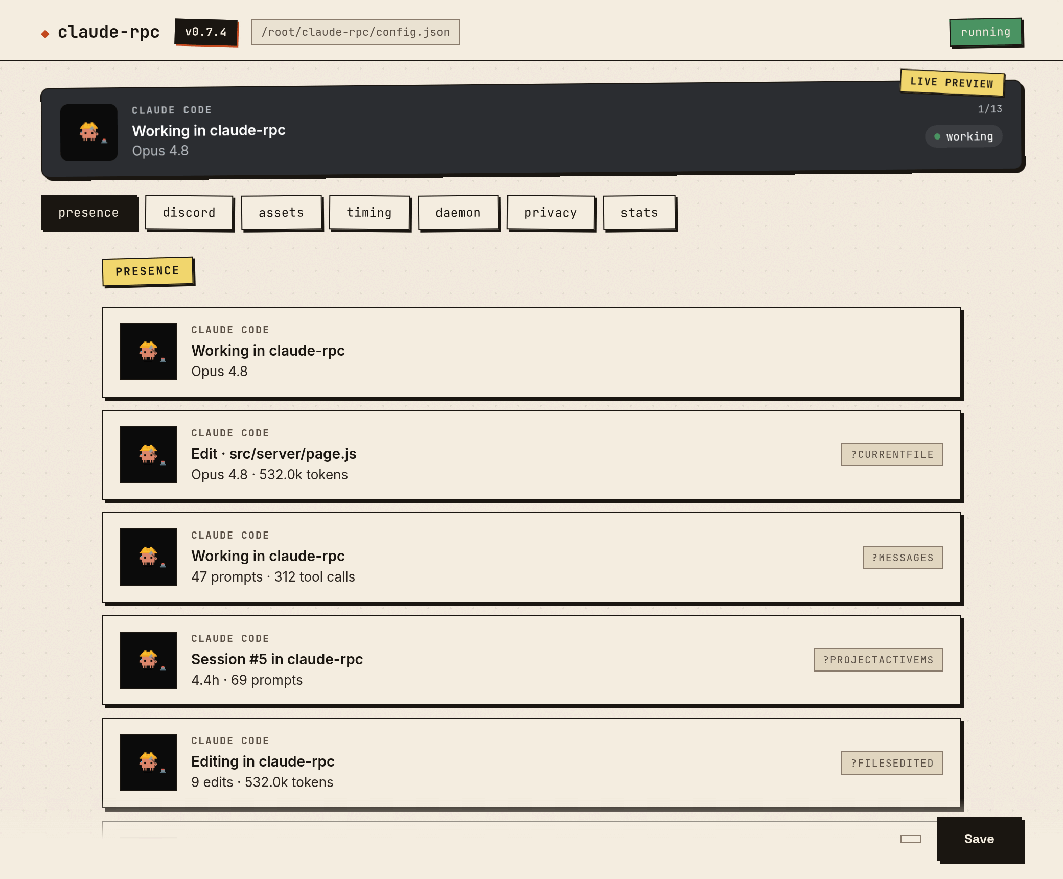 Electron config editor with Presence / Discord / Assets / Timing / Daemon / Stats tabs