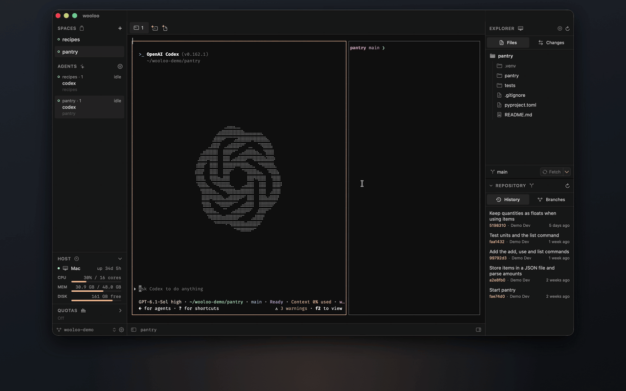 A one-minute demo: Codex adds a feature in a Herdr pane, wooloo shows it finish, then the diff is reviewed, the README edited with a live preview, the changes staged and committed, and the tests run in a terminal