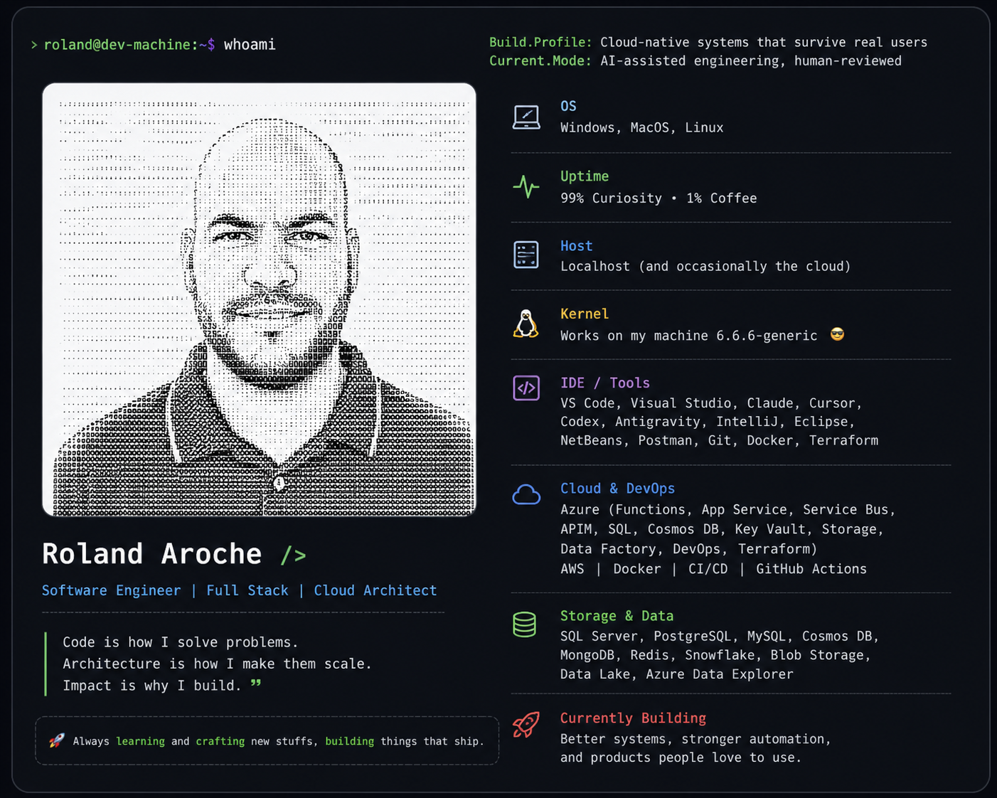 Roland Aroche — Software Engineer · Full Stack · Cloud Architect. OS: Windows, macOS, Linux. IDE / Tools: VS Code, Visual Studio, Claude, Cursor, Codex, Antigravity, IntelliJ, Eclipse, NetBeans, Postman, Git, Docker, Terraform. Cloud & DevOps: Azure (Functions, App Service, Service Bus, APIM, SQL, Cosmos DB, Key Vault, Storage, Data Factory, DevOps, Terraform), AWS, Docker, CI/CD, GitHub Actions. Storage & Data: SQL Server, PostgreSQL, MySQL, Cosmos DB, MongoDB, Redis, Snowflake, Blob Storage, Data Lake, Azure Data Explorer. Currently building better systems, stronger automation, and products people love to use.