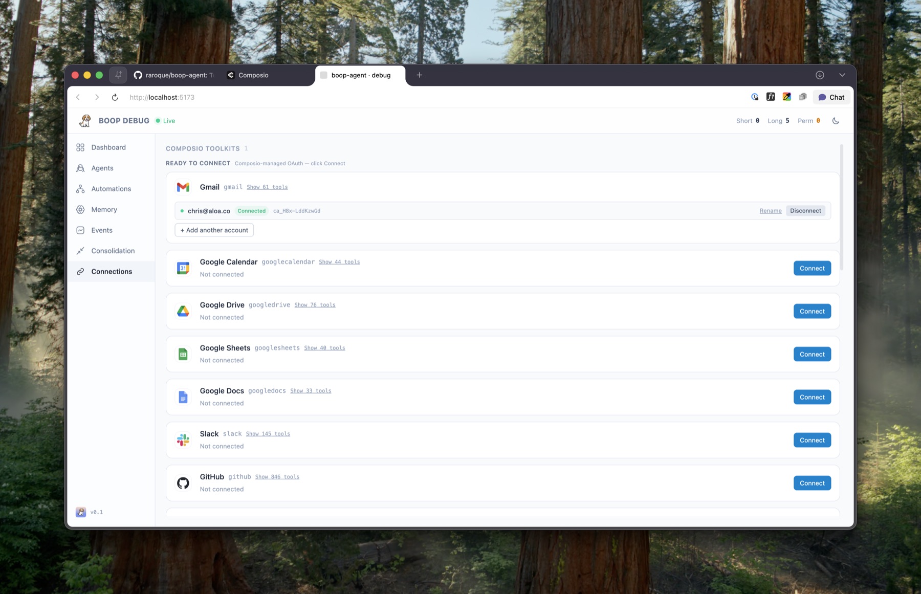 Connections view in the Boop debug dashboard