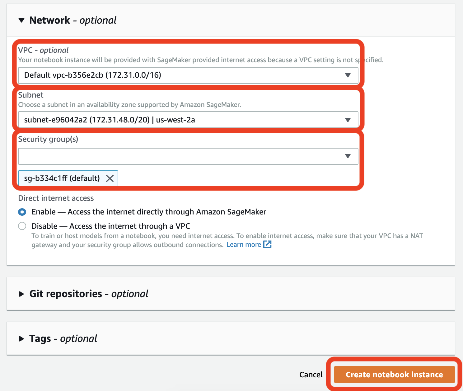 Fill notebook instance