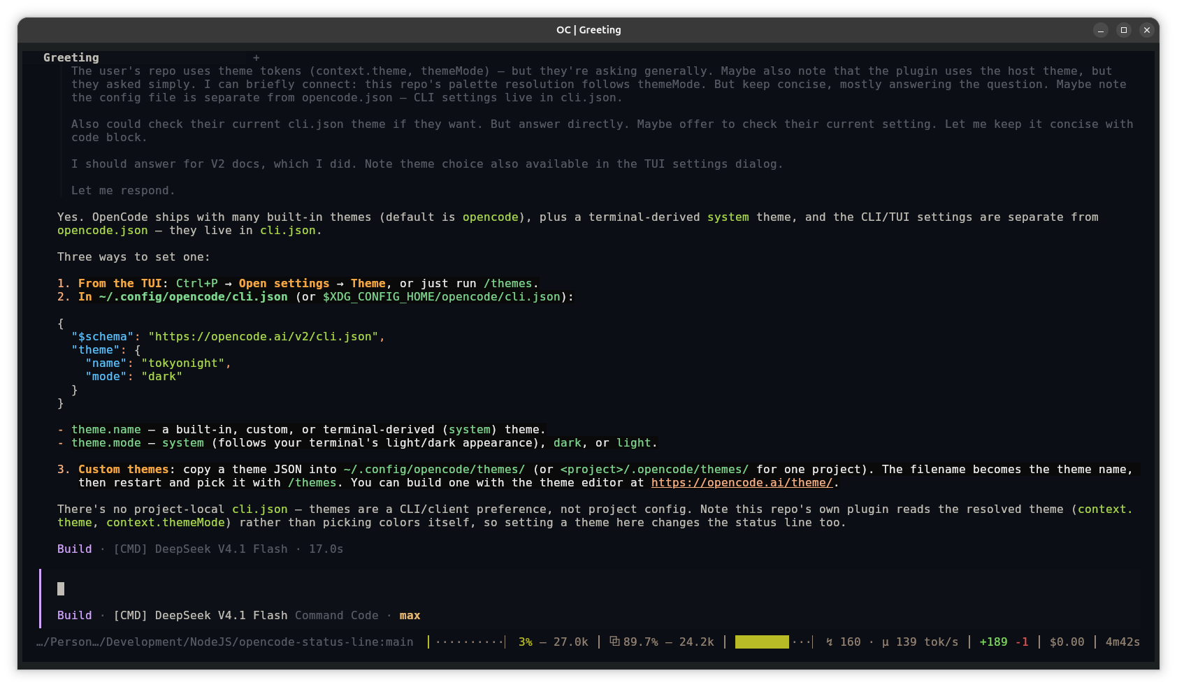 A session with the status line at the bottom, showing context, cache, speed, cost, time and uncommitted changes