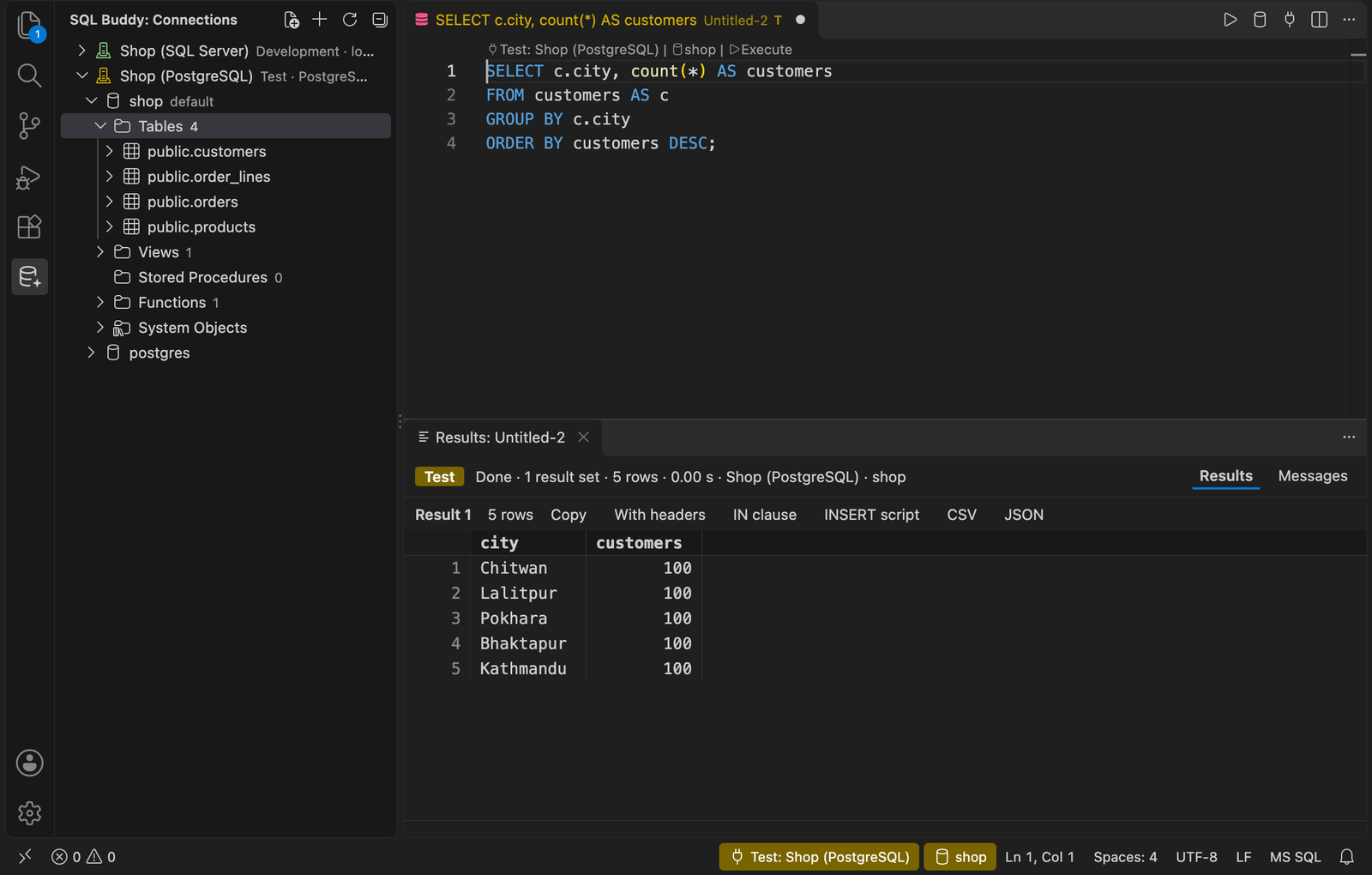 The Connections view with a PostgreSQL database open, beside a query and its results