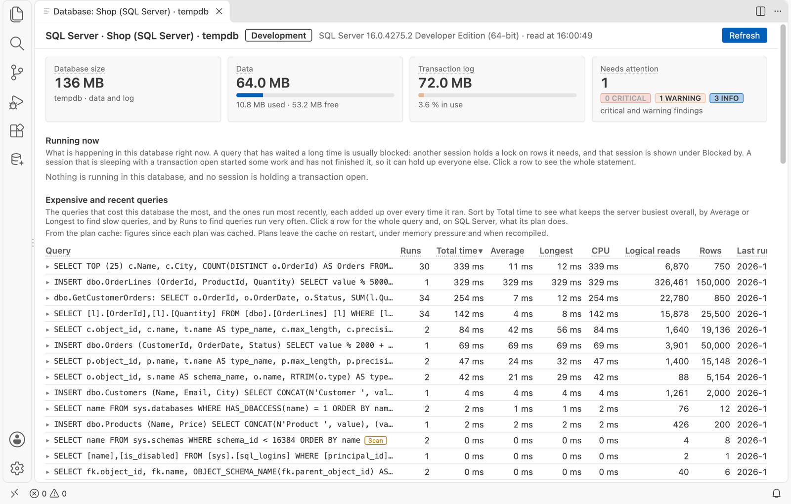 Database dashboard: sizes, what needs attention, and the most expensive queries