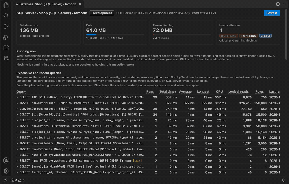 Clicking a count under Needs attention opens those findings at the bottom of the dashboard